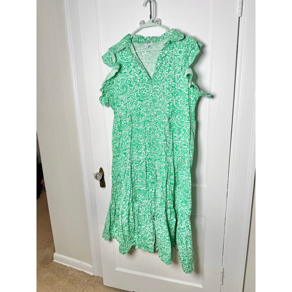 Crown & Ivy Green White Grand Millennial Ruffle Tiered Midi Dress Women's XL - Picture 2 of 7
